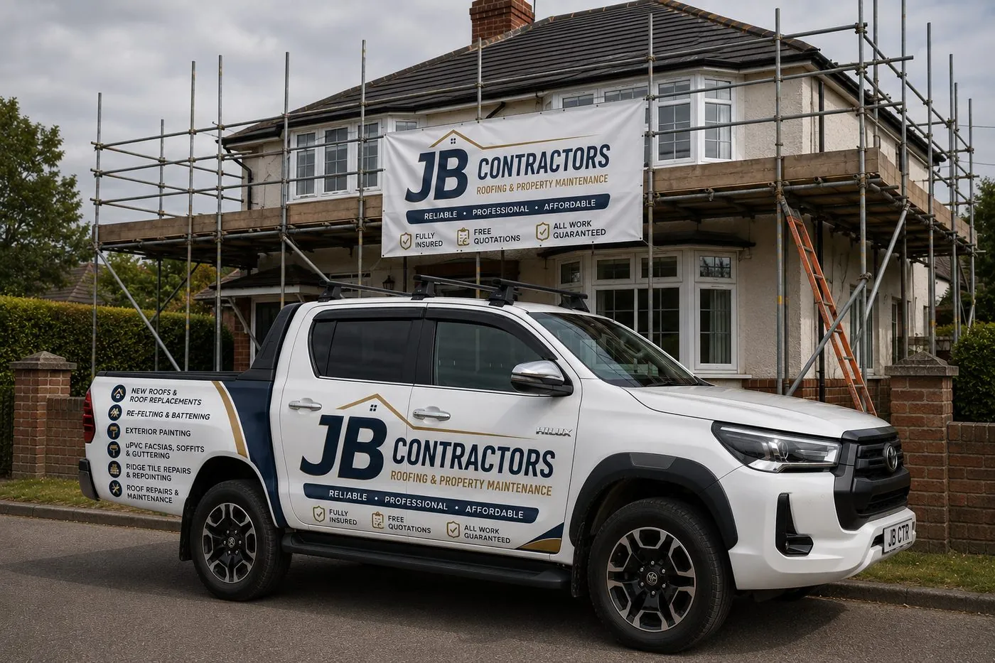 Exeter Roofing pickup truck on site at a scaffolded roofing job in Exeter
